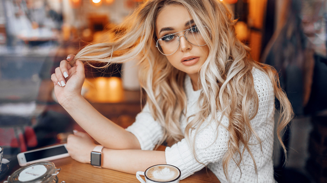 women, blonde, cellphone, watch, women with glasses, portrait, cup