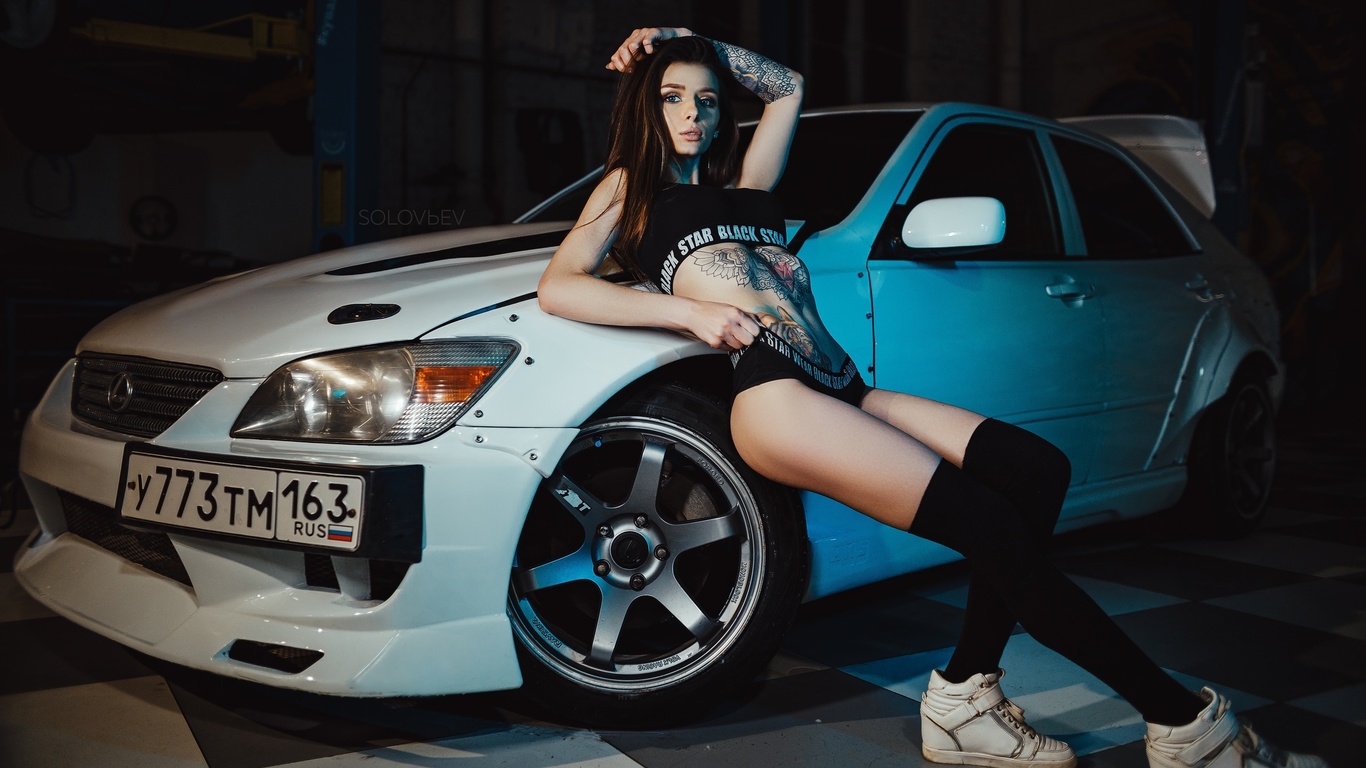 women, artem solovev, garage, knee-highs, sneakers, women with cars, ass, tattoo, belly, sportswear, black stockings, blue eyes