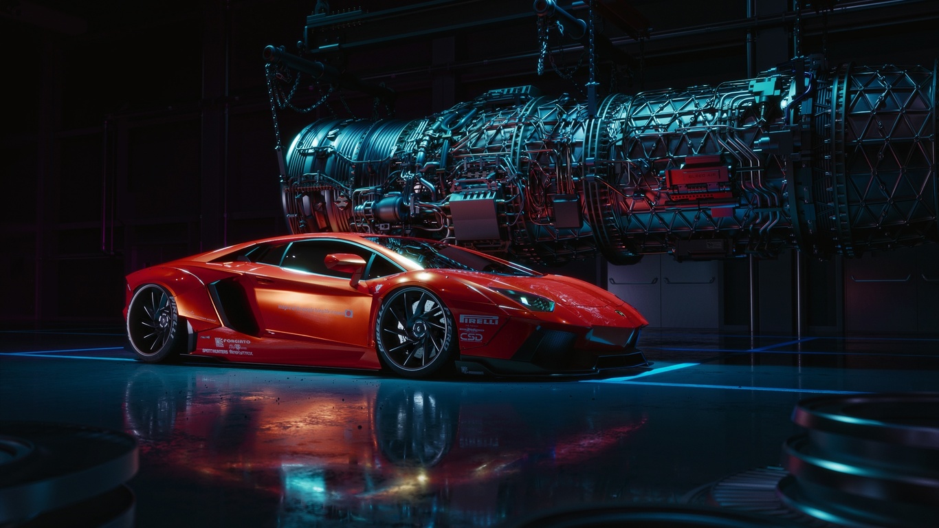 lamborghini, aventador, digital art, red, side view, supercars