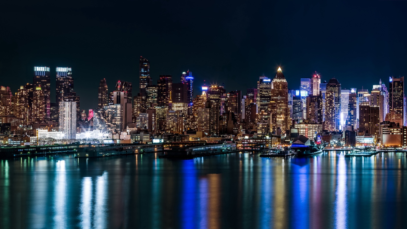 new york, metropolis, skyscrapers, river, reflection, urban, night, lights