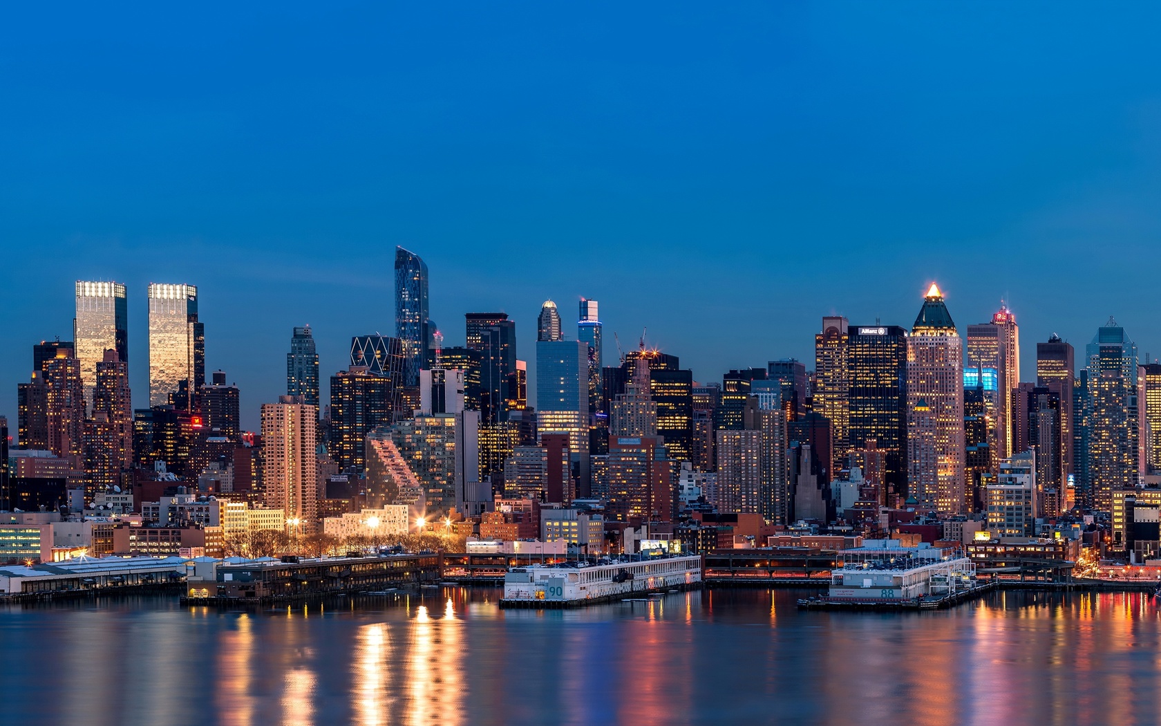 new york, metropolis, skyscrapers, river, reflection, urban, night, lights