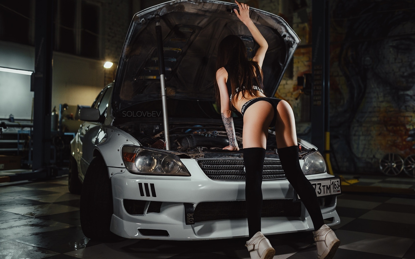 women, artem solovev, garage, knee-highs, sneakers, women with cars, ass, tattoo, sportswear, black stockings