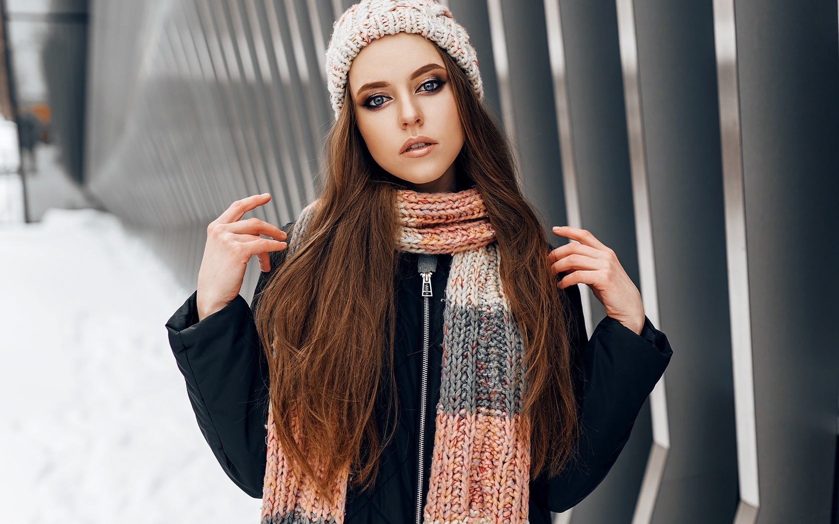 women, portrait, winter, scarf, coats, women outdoors, snow, blue eyes, long hair