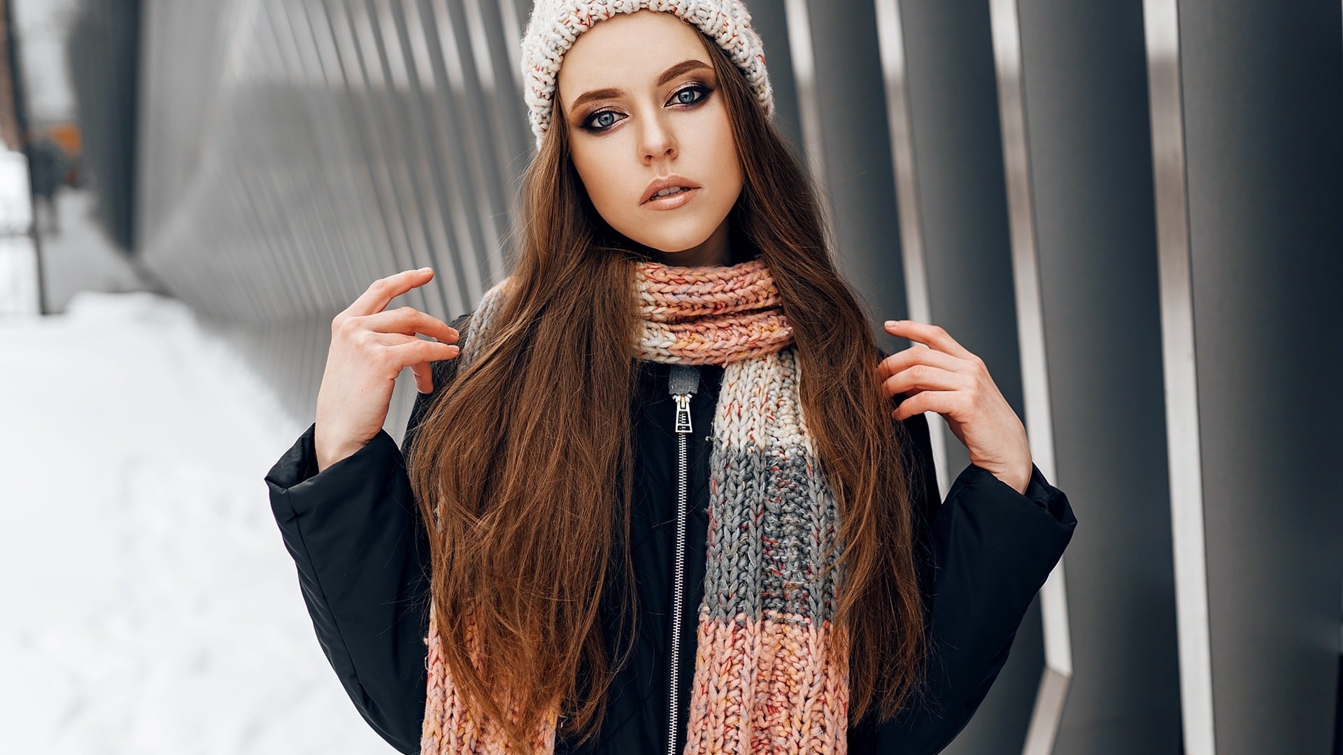 women, portrait, winter, scarf, coats, women outdoors, snow, blue eyes, long hair