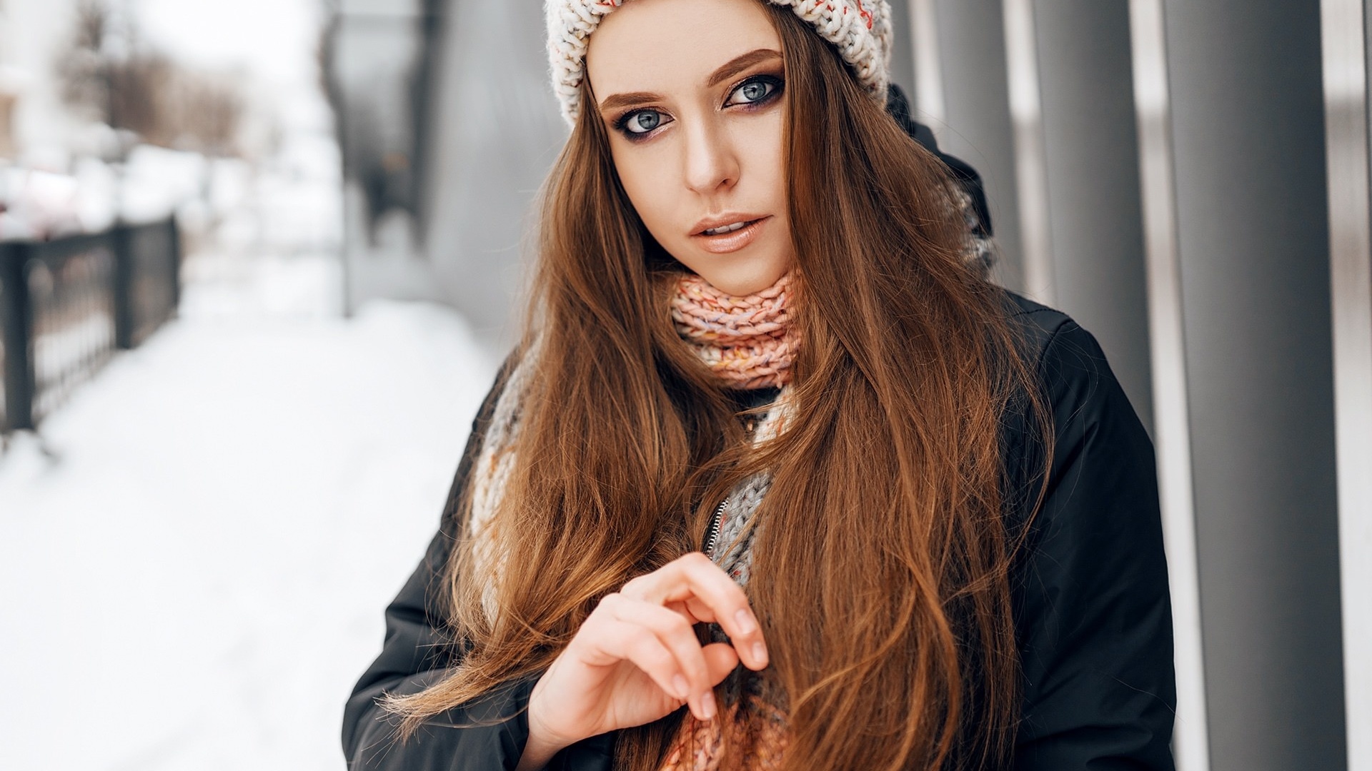 women, portrait, winter, scarf, coats, women outdoors, snow, blue eyes, long hair