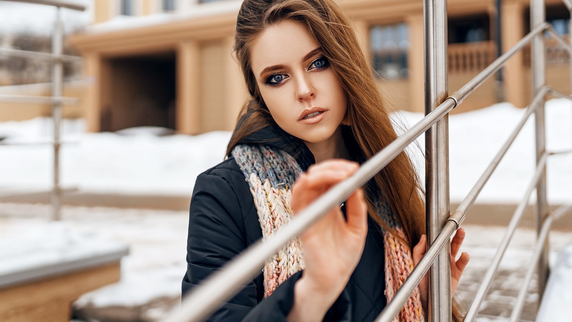 women, portrait, winter, scarf, coats, women outdoors, snow, blue eyes, long hair