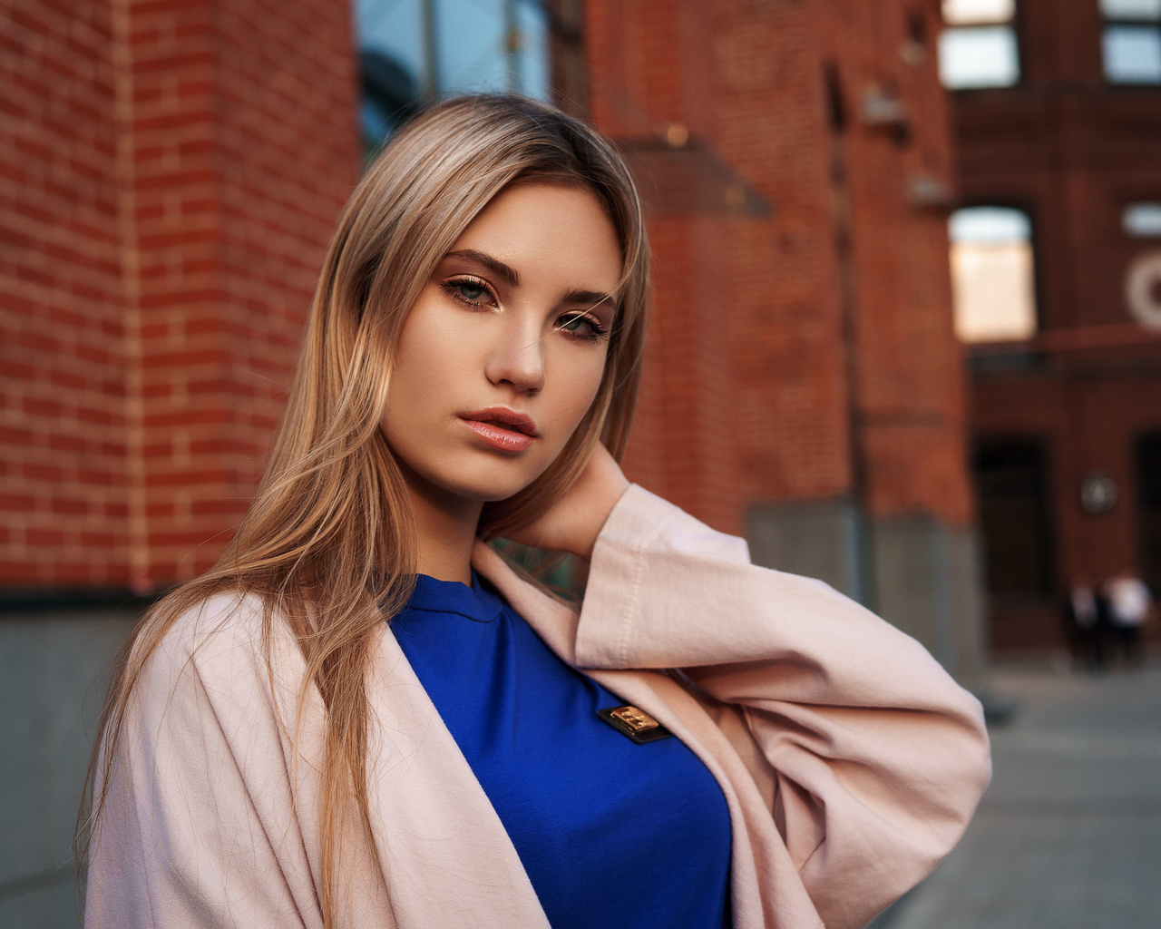 women, blonde, face, portrait, bricks, women outdoors