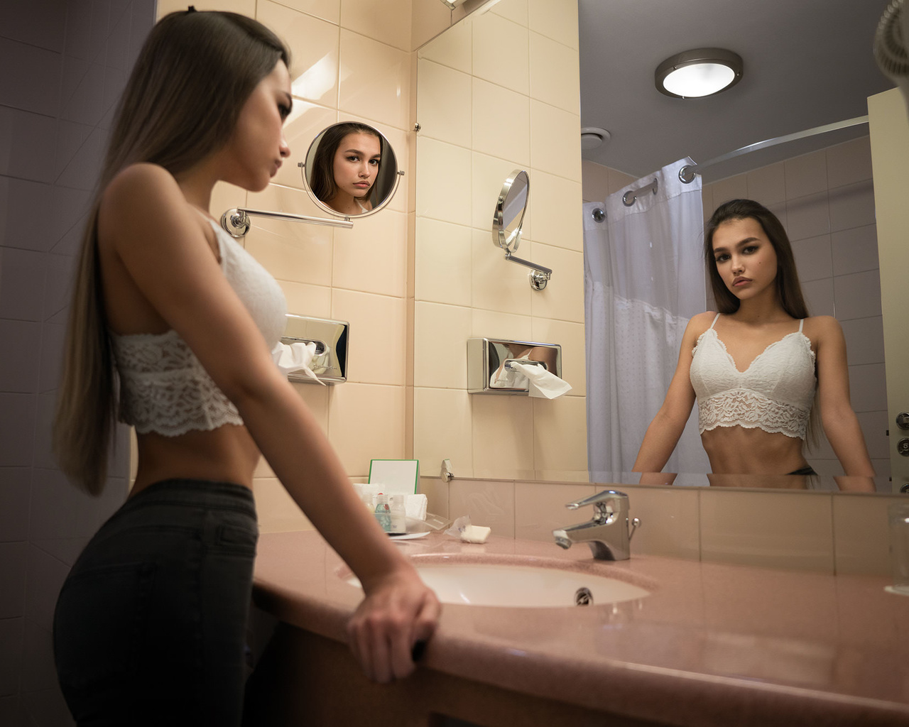 women, anastasia lis, mirror, reflection, bathroom, jeans, long hair, brunette, straight hair, andrey brandis