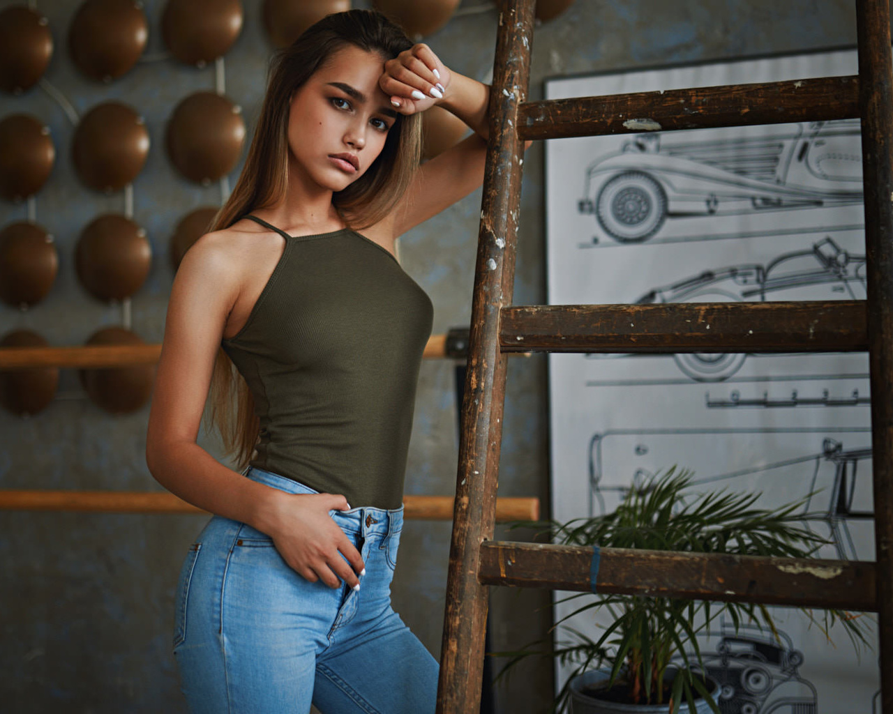 women, anastasia lis, sergey fat, long hair, jeans, stairs, plants