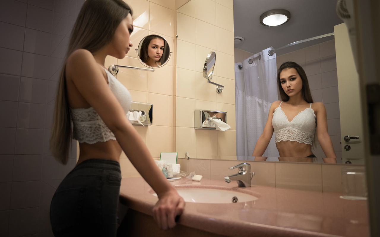 women, anastasia lis, mirror, reflection, bathroom, jeans, long hair, brunette, straight hair, andrey brandis