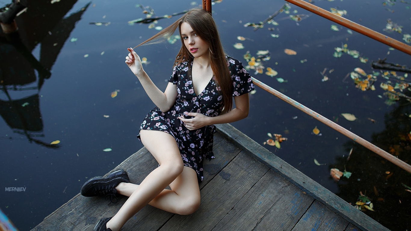 women, sitting, dress, sneakers, pier, artyom mernaev, water, leaves, women outdoors, , 