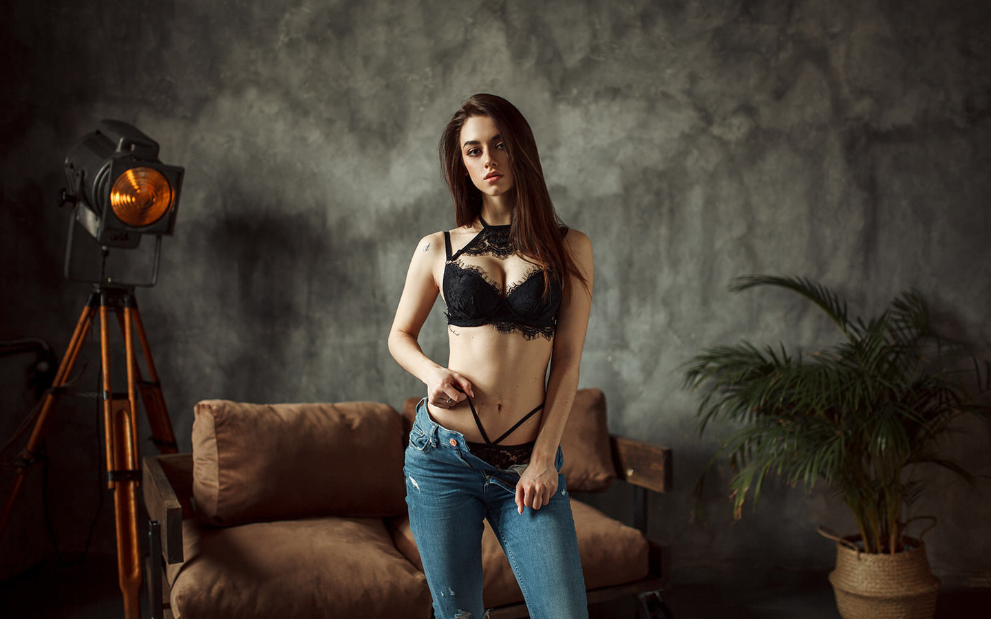 women, torn jeans, black lingerie, wall, belly, tattoo, plants, brunette, kirill averyanov ,anastasia