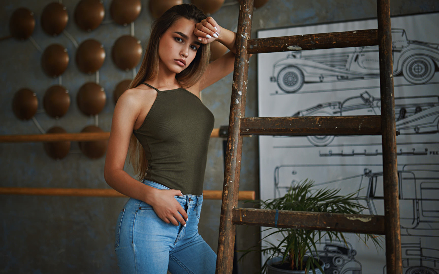 women, anastasia lis, sergey fat, long hair, jeans, stairs, plants