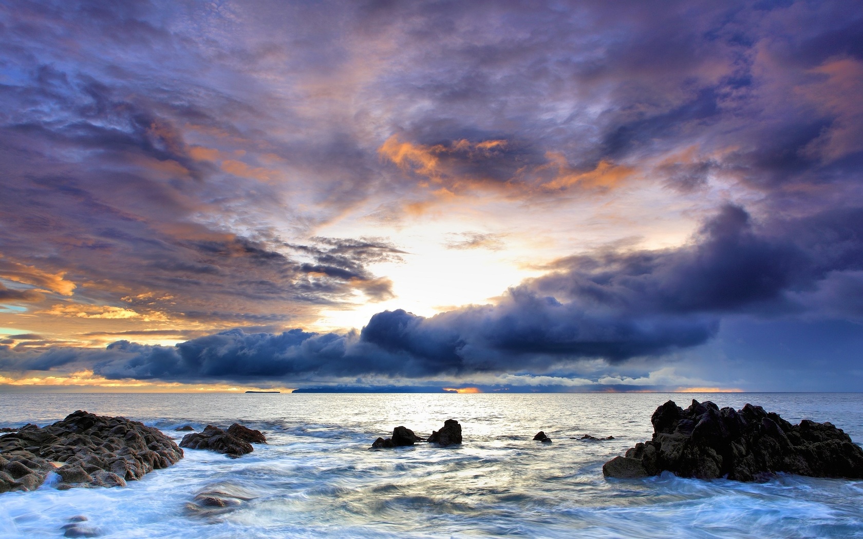 ocean, rocks, sunset, clouds, horizon, waves, foam
