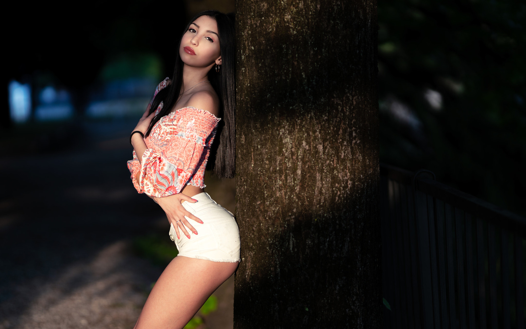 women, marco squassina, jean shorts, straight hair, trees, bare shoulders, ass, pink nails, portrait