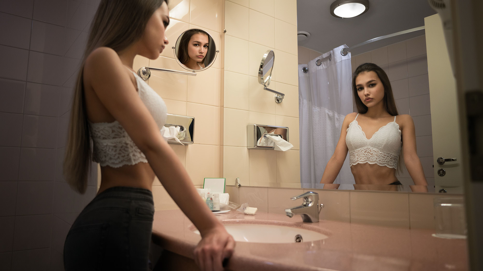 women, anastasia lis, mirror, reflection, bathroom, jeans, long hair, brunette, straight hair, andrey brandis