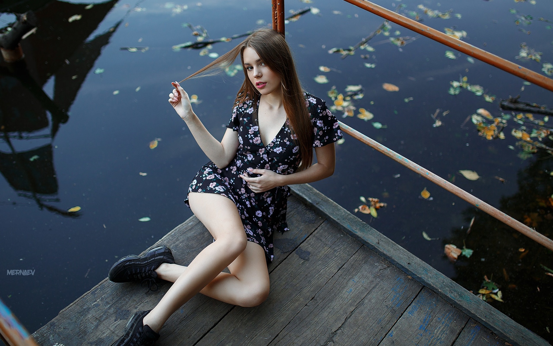 women, sitting, dress, sneakers, pier, artyom mernaev, water, leaves, women outdoors, , 