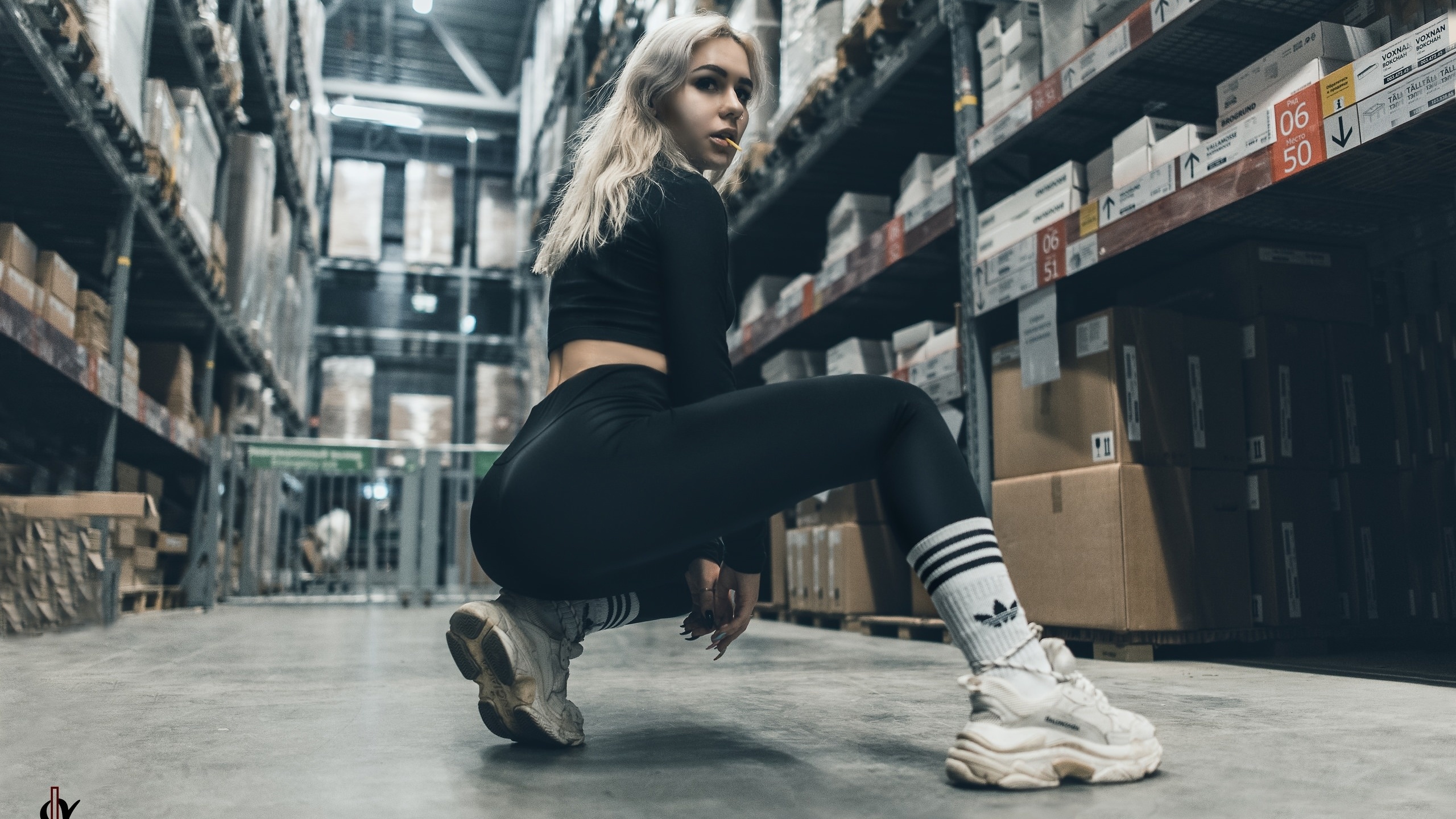 women, squatting, black clothing, white socks, sneakers, adidas, blonde, leggings, looking at viewer, nose ring