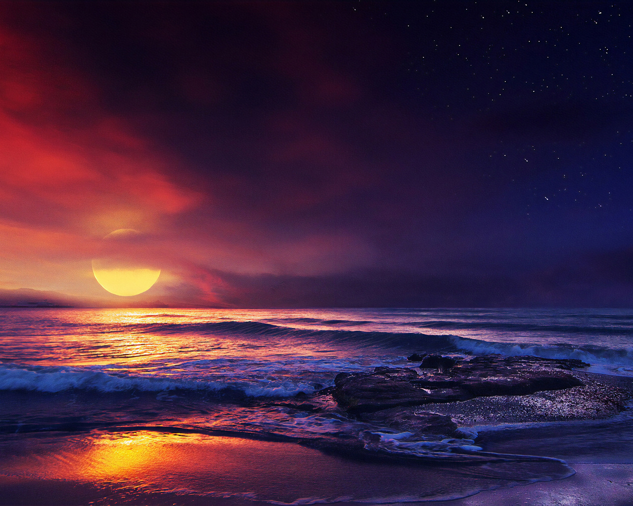 ocean, sunset, illustration