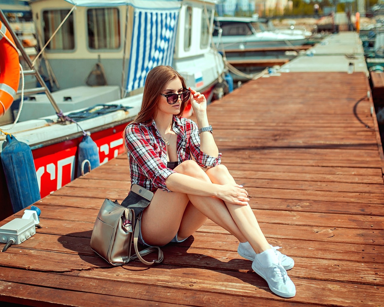 women, blonde, jean shorts, plaid shirt, boat, pier, sunglasses, sitting, sneakers, handbags, women outdoors,  ,aleksandr suhar