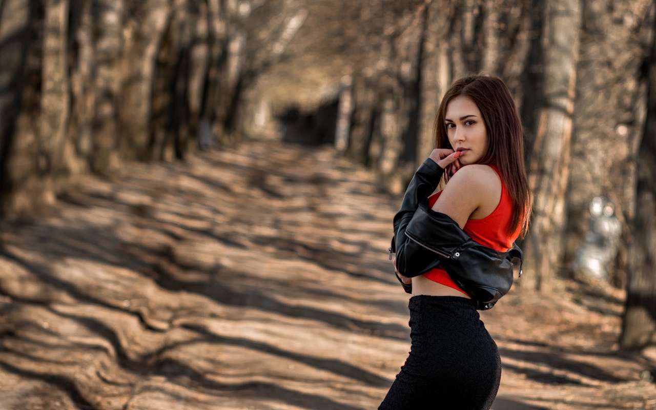 women, trees, skirt, red nails, portrait, leather jackets, depth of field, women outdoors, finger on lips