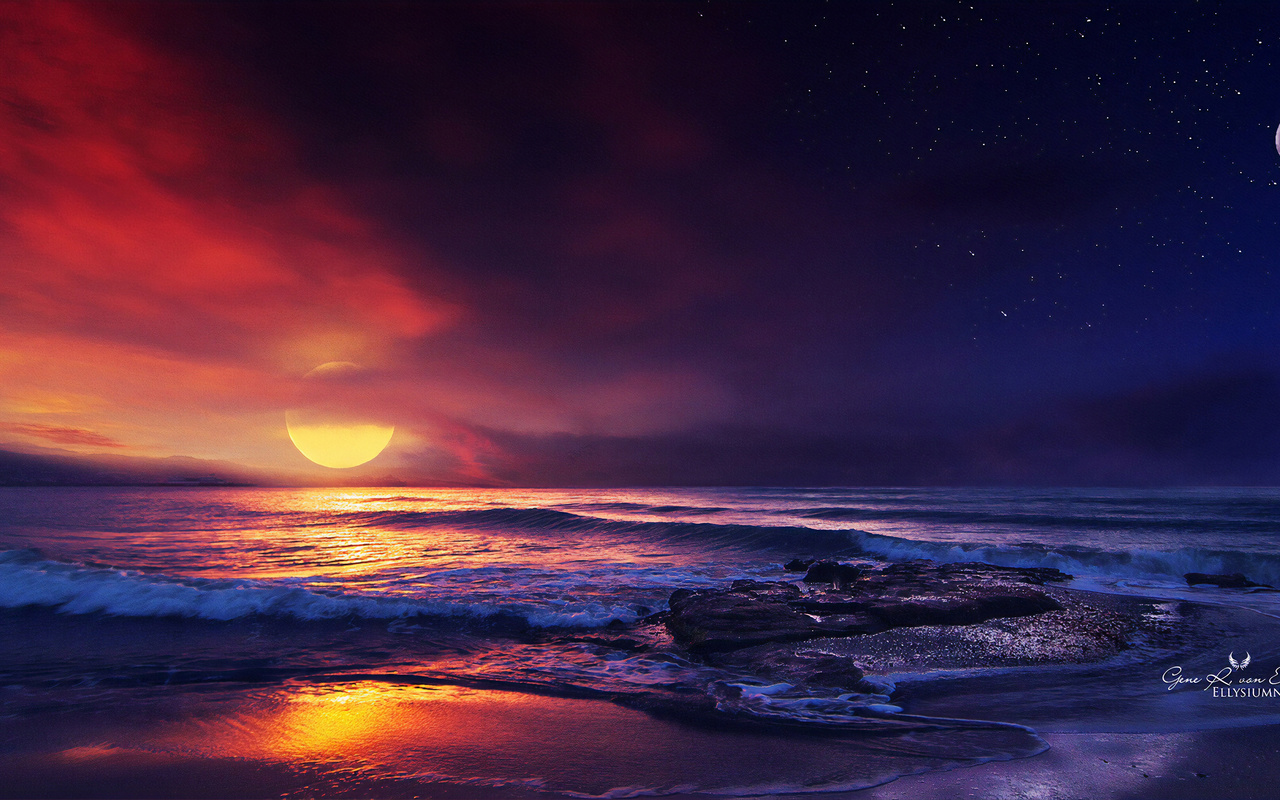 ocean, sunset, illustration