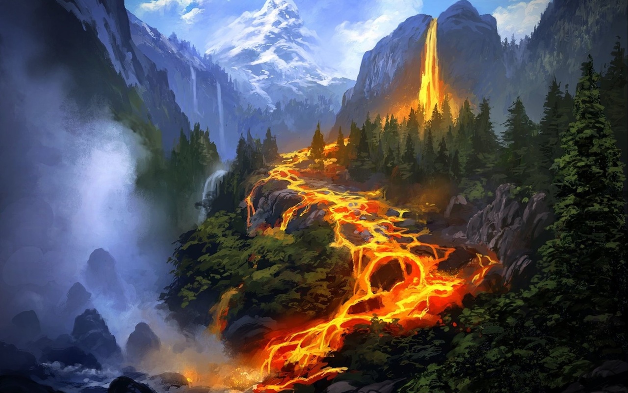 fantasy wallpapers  fantasy, mountain, fire, tree