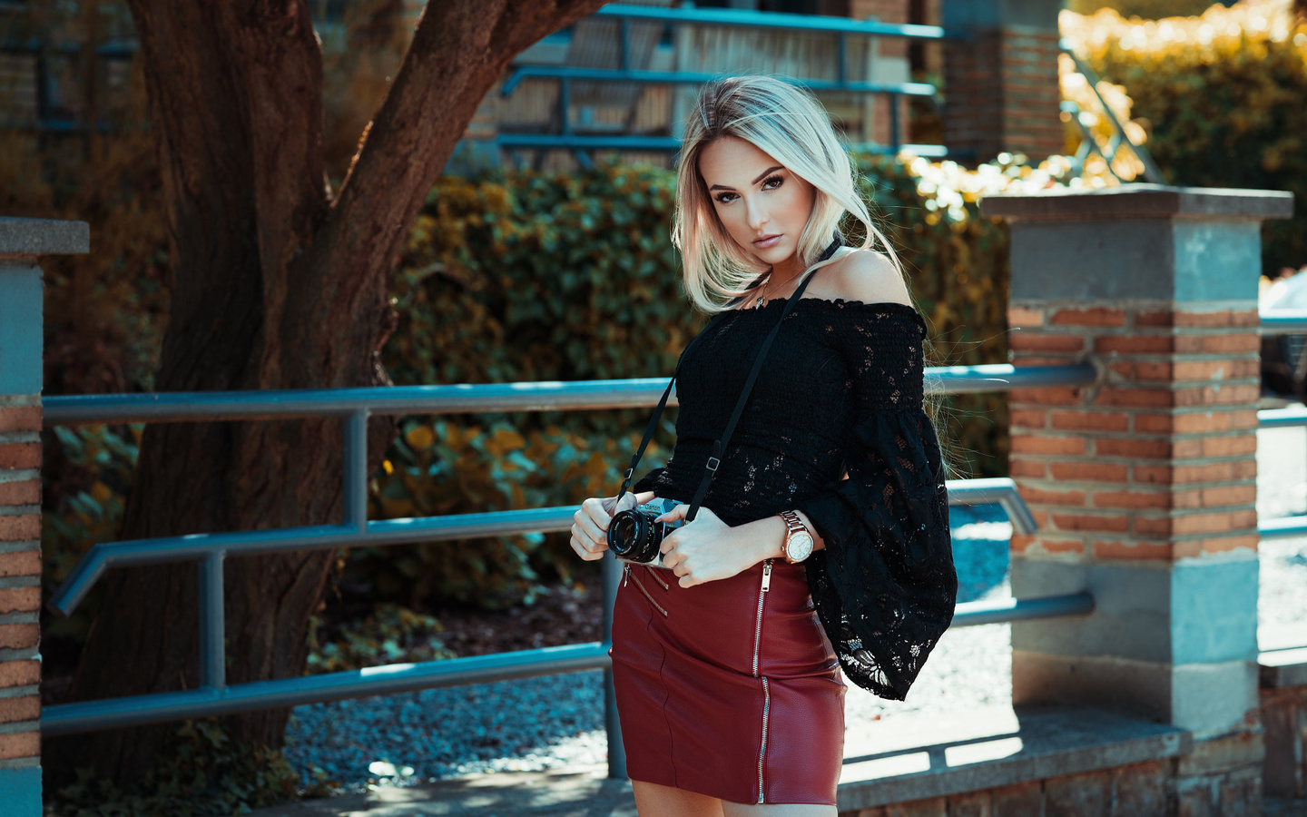 women, blonde, camera, trees, women outdoors, watch, skirt, gaetan habrand