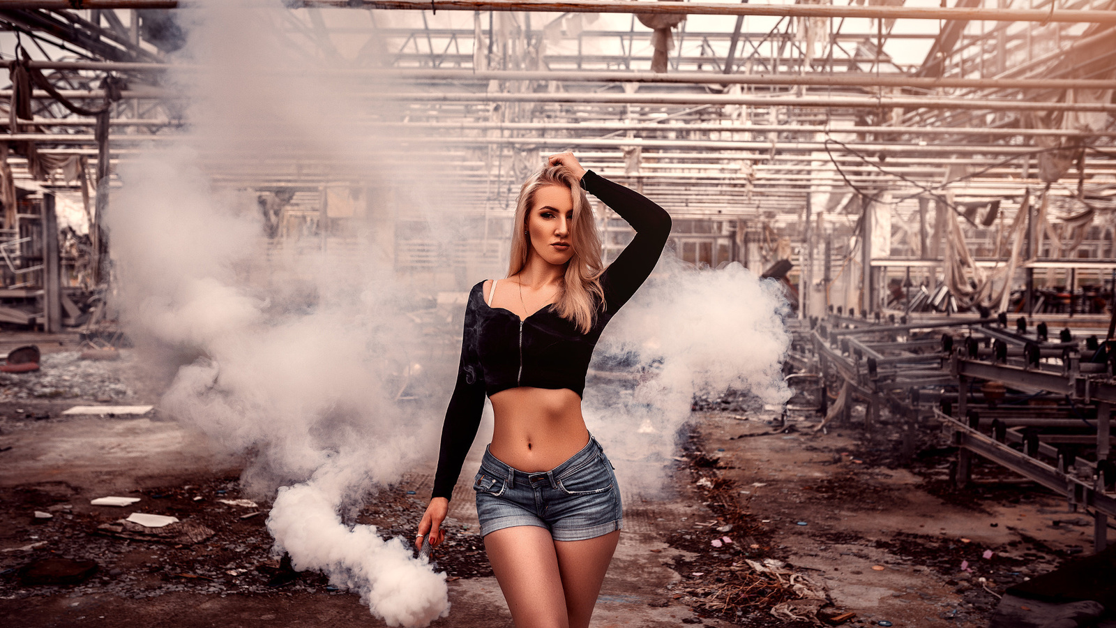 women, blonde, brunette, smoke, belly, red nails, jean shorts, abandoned, ribs