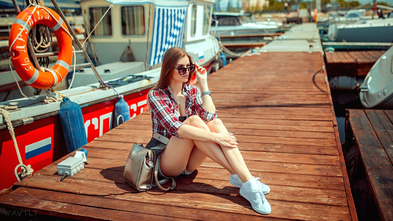 women, blonde, jean shorts, plaid shirt, boat, pier, sunglasses, sitting, sneakers, handbags, women outdoors,  ,aleksandr suhar