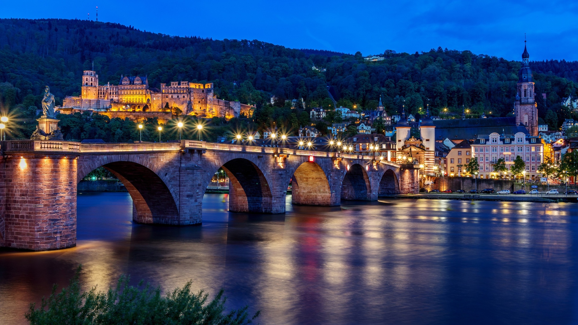 , , , , , , , , , , , promenade, trees, germany, lights, heidelberg, the evening, river, landscape, bridge, home