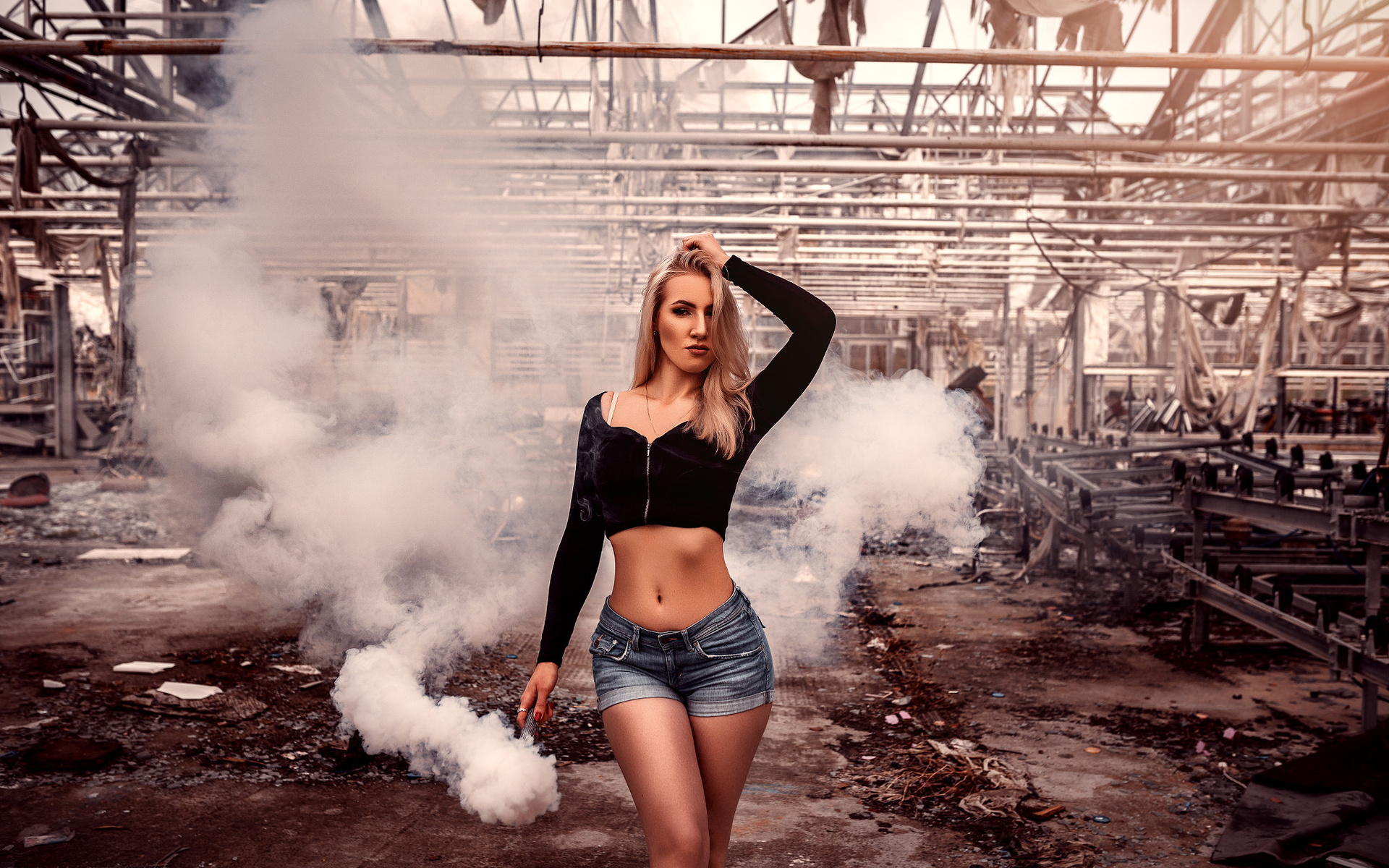 women, blonde, brunette, smoke, belly, red nails, jean shorts, abandoned, ribs