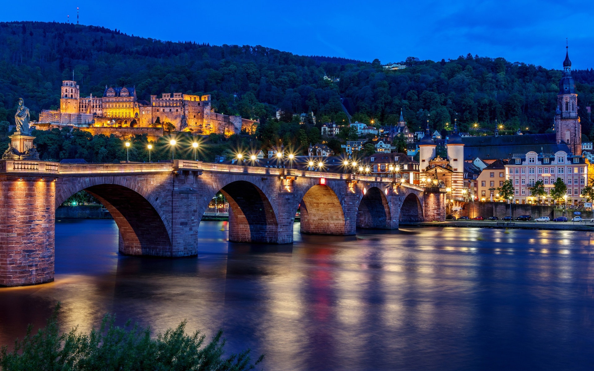 , , , , , , , , , , , promenade, trees, germany, lights, heidelberg, the evening, river, landscape, bridge, home