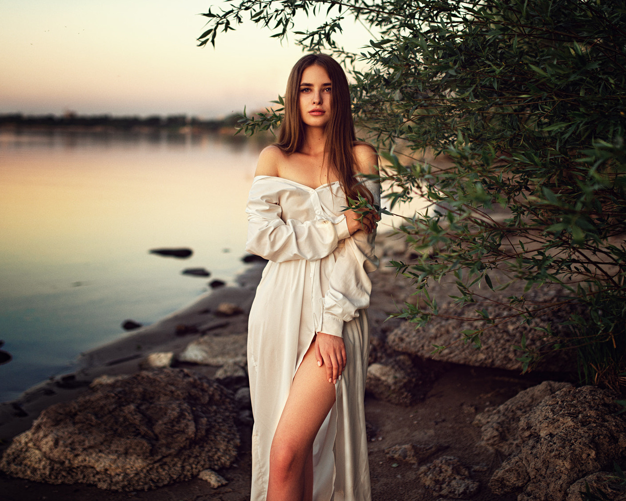 women, white dress, bare shoulders, rocks, river, sunset, women outdoors, long hair