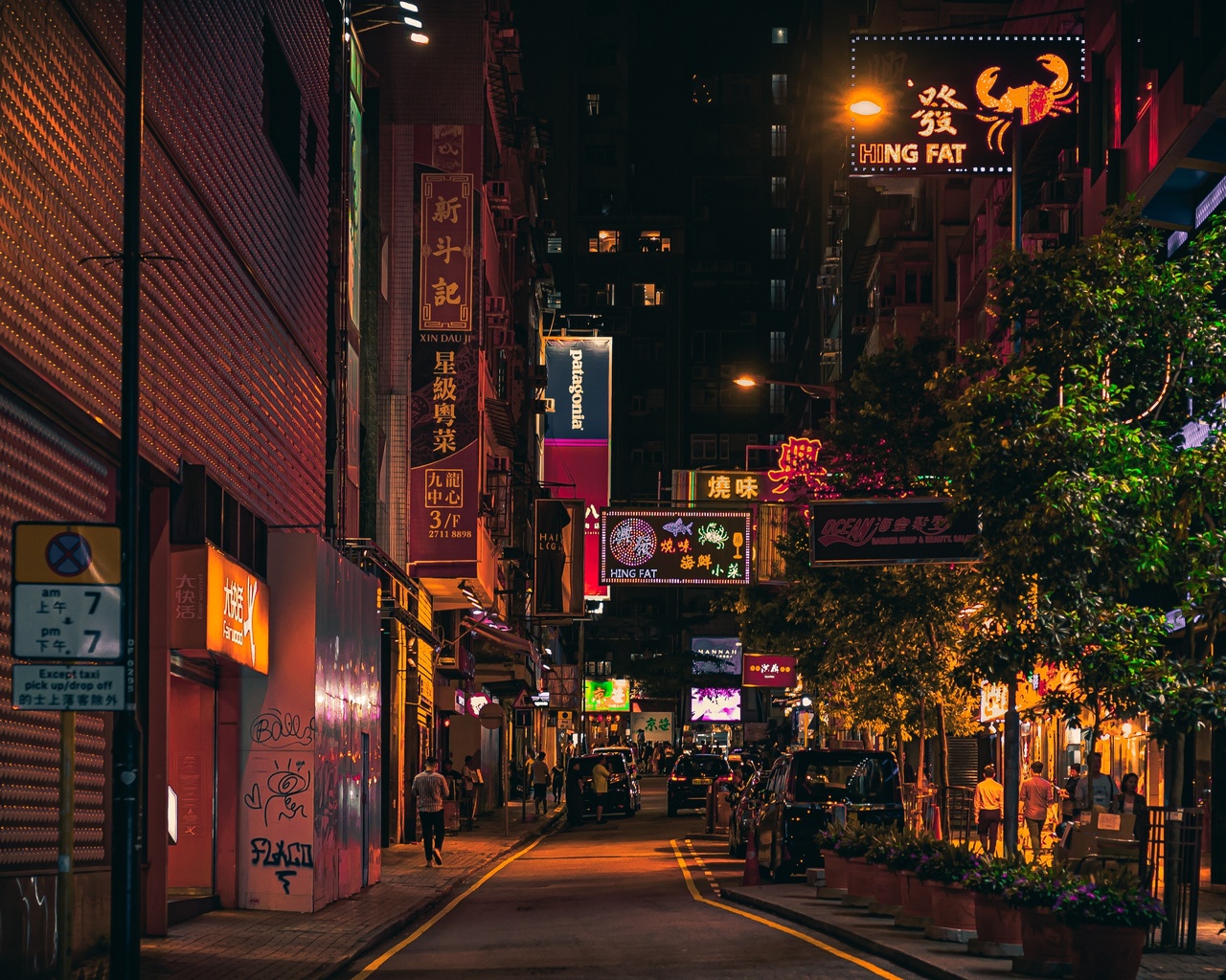 hong kong, urban, night, signs, buildings, street