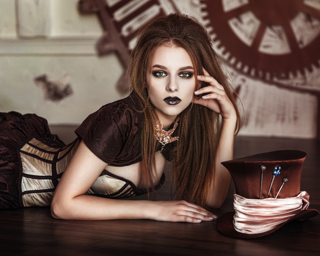 , , , , , , , , , girl, corset, pose, brunette, look, gothic, hair, face, makeup