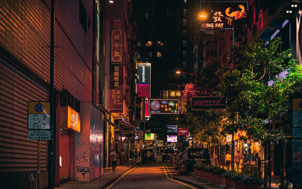 hong kong, urban, night, signs, buildings, street