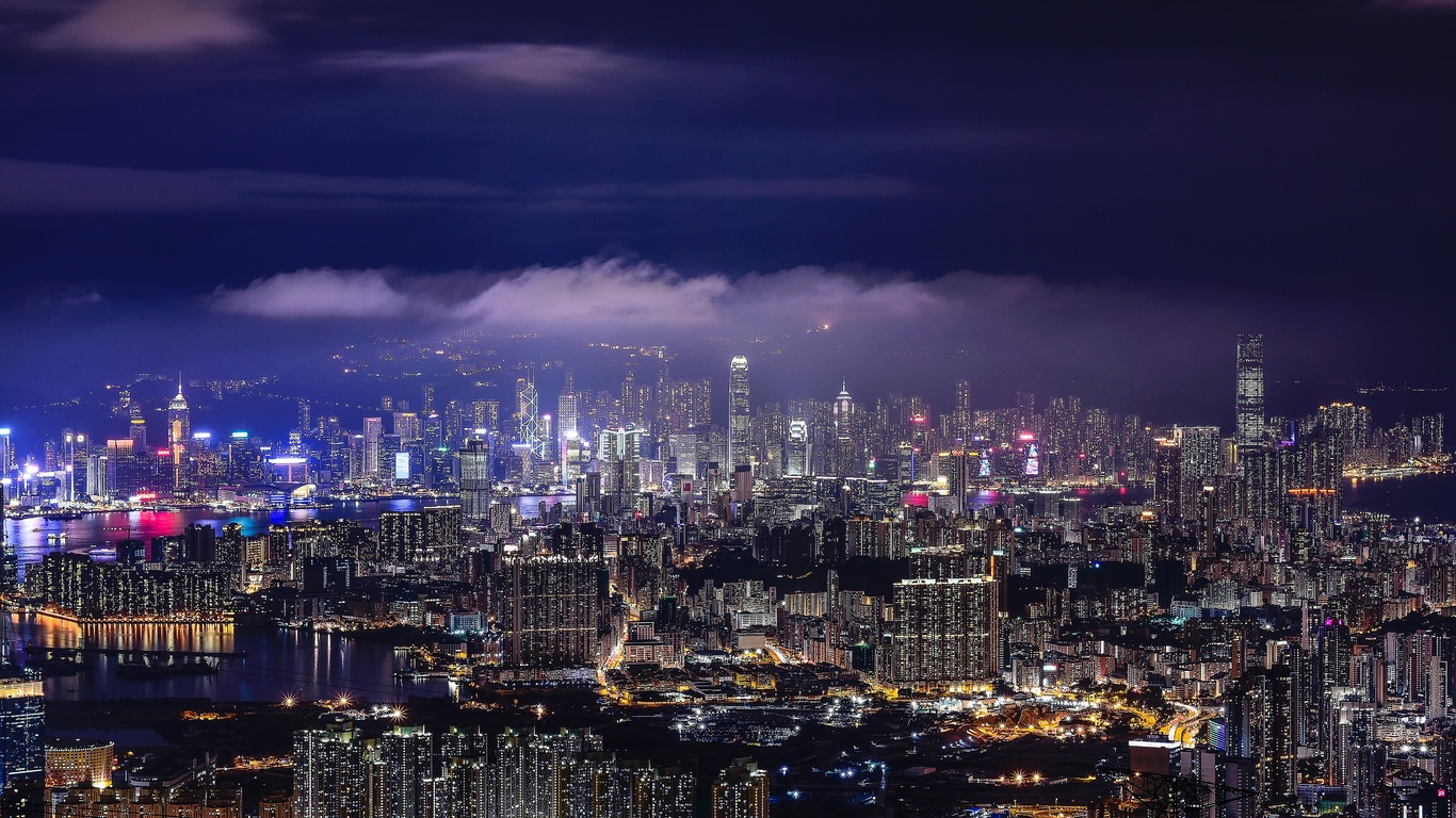 hong kong, skyscrapers, aerial view, night, modern architecture