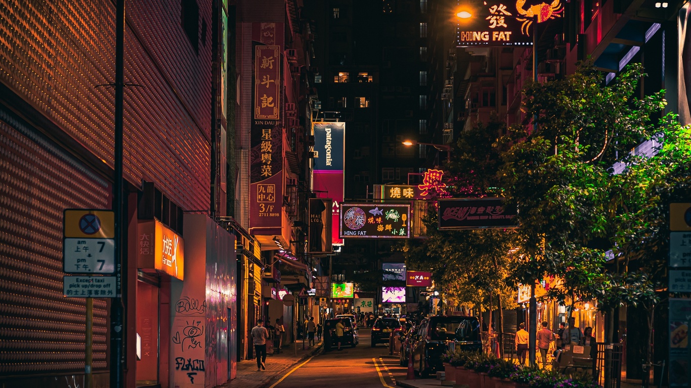 hong kong, urban, night, signs, buildings, street