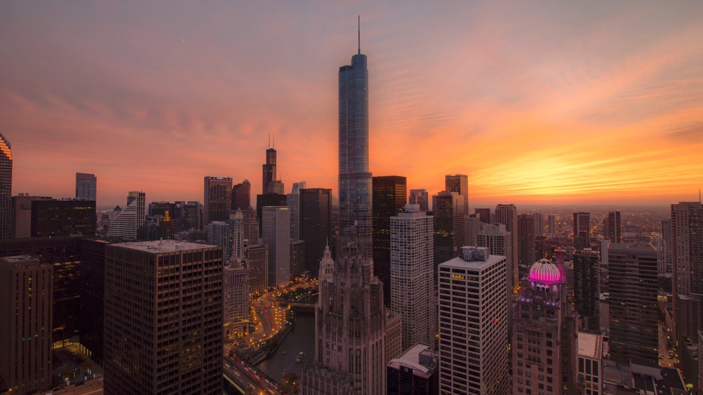 chicago, skyscrapers, orange sky, sunset, urban, buildings, modern architecture