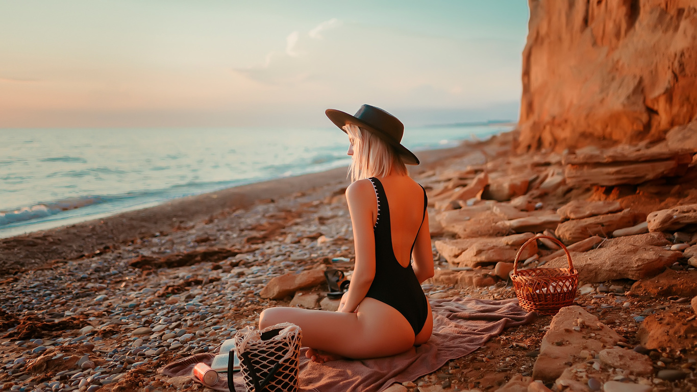 women, blonde, brunette, one-piece swimsuit, ass, sunset, sea, beach, women outdoors, black swimsuit, coca-cola, hat, books, sitting