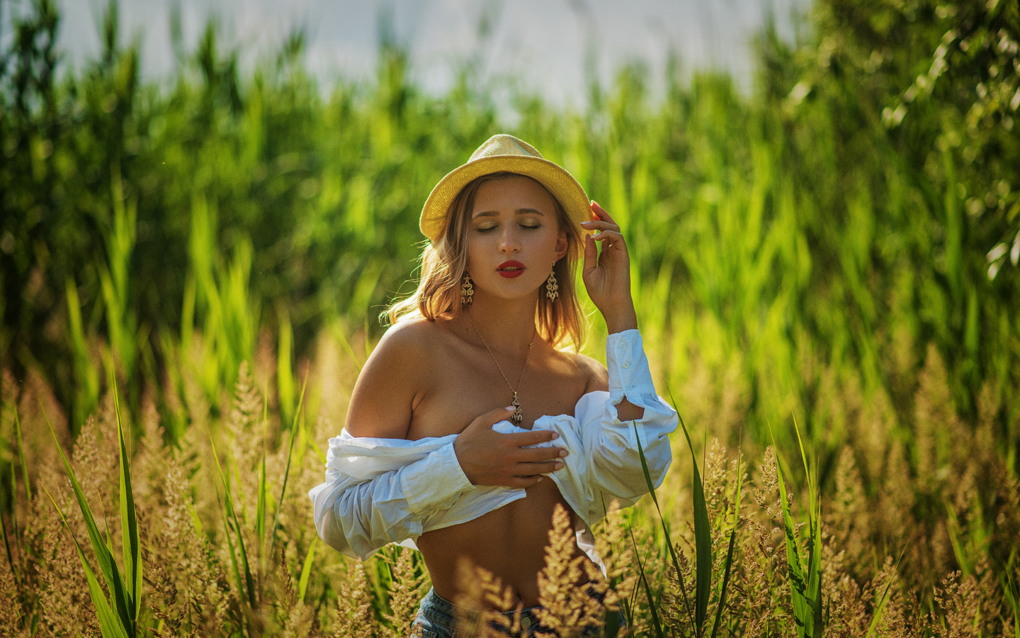 women, blonde, red lipstick, bare shoulders, closed eyes, hat, portrait, women outdoors, hands on boobs, belly, necklace, white shirt, denim