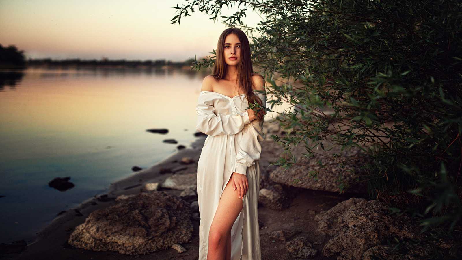 women, white dress, bare shoulders, rocks, river, sunset, women outdoors, long hair