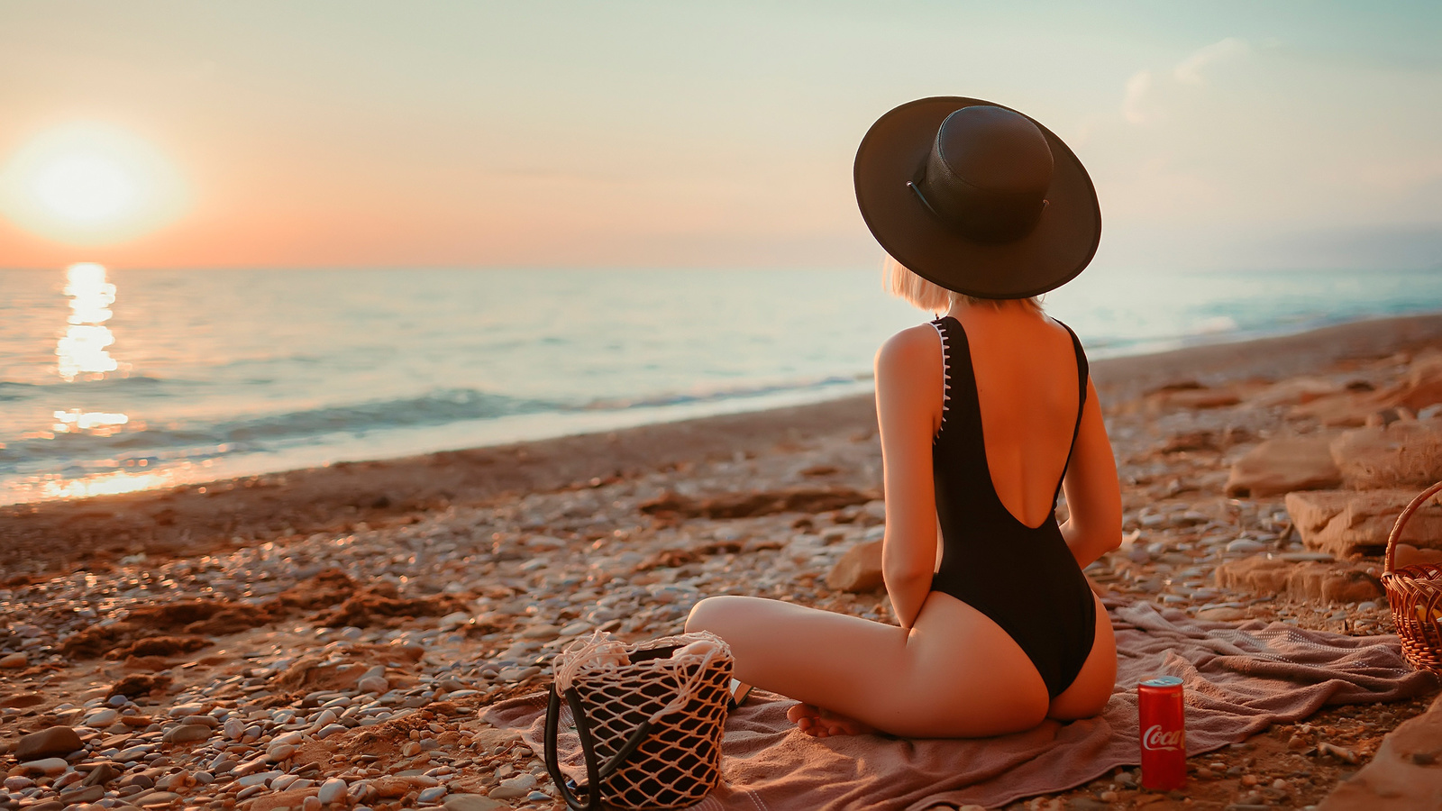 women, blonde, brunette, one-piece swimsuit, ass, sunset, sea, beach, women outdoors, black swimsuit, hat, coca-cola