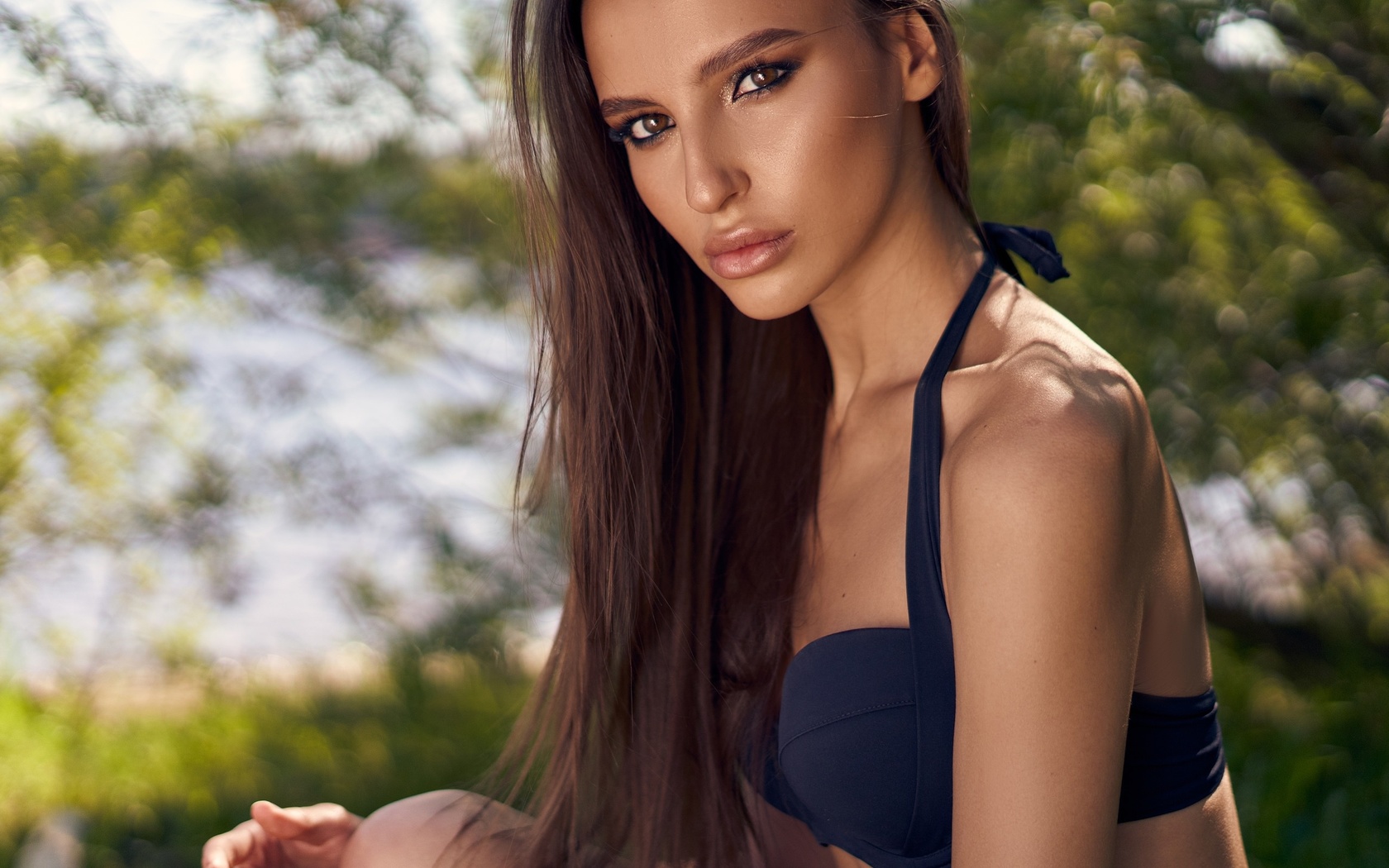 women, evgeny demenev, evgenyi demenev, brunette, long hair, swimwear, women outdoors, juicy lips