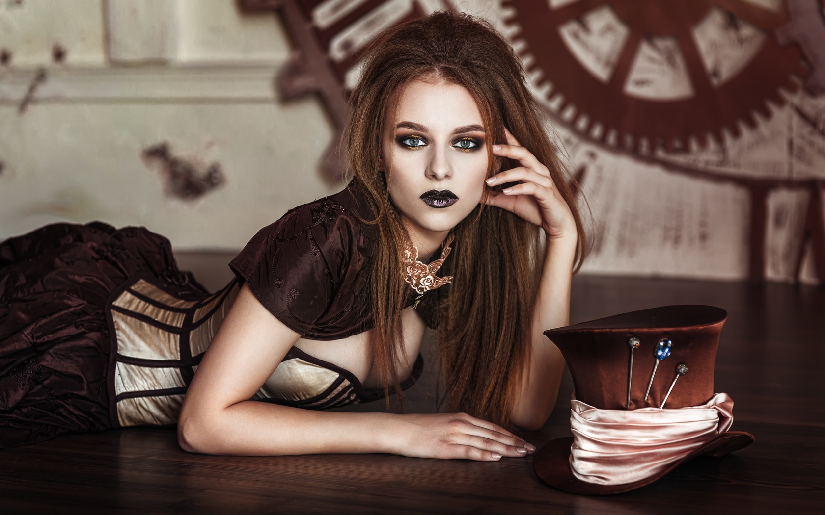 , , , , , , , , , girl, corset, pose, brunette, look, gothic, hair, face, makeup