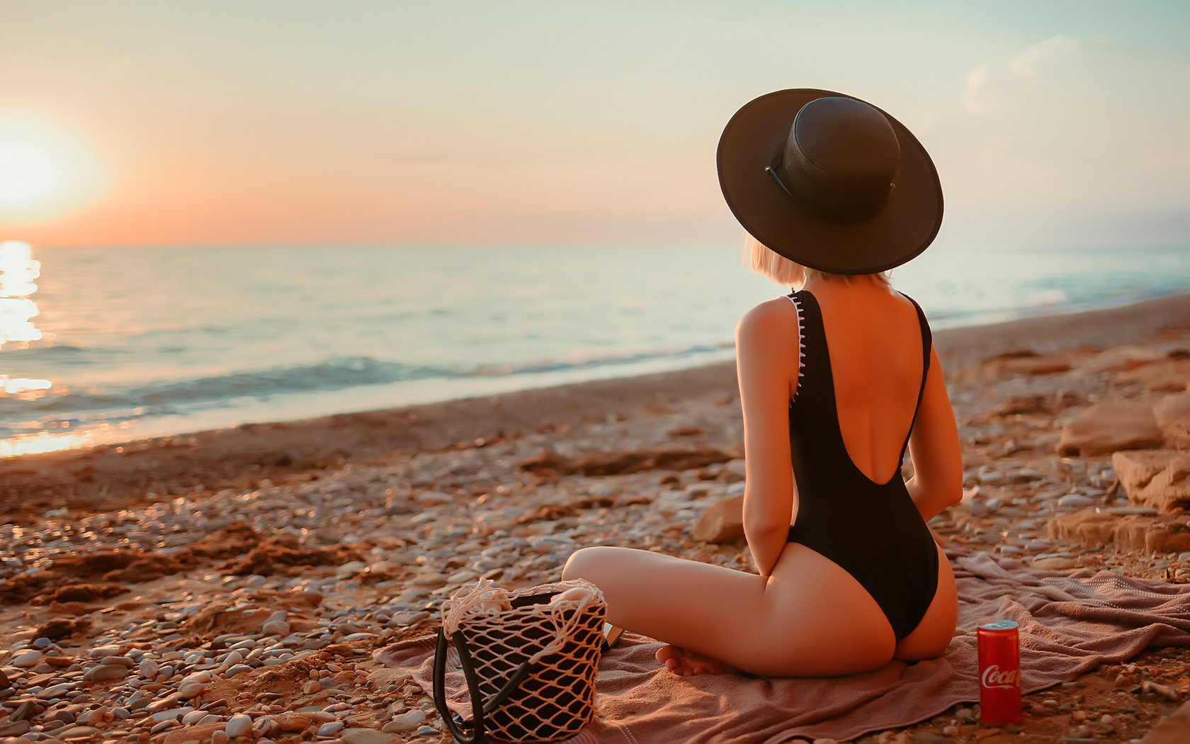 women, blonde, brunette, one-piece swimsuit, ass, sunset, sea, beach, women outdoors, black swimsuit, hat, coca-cola