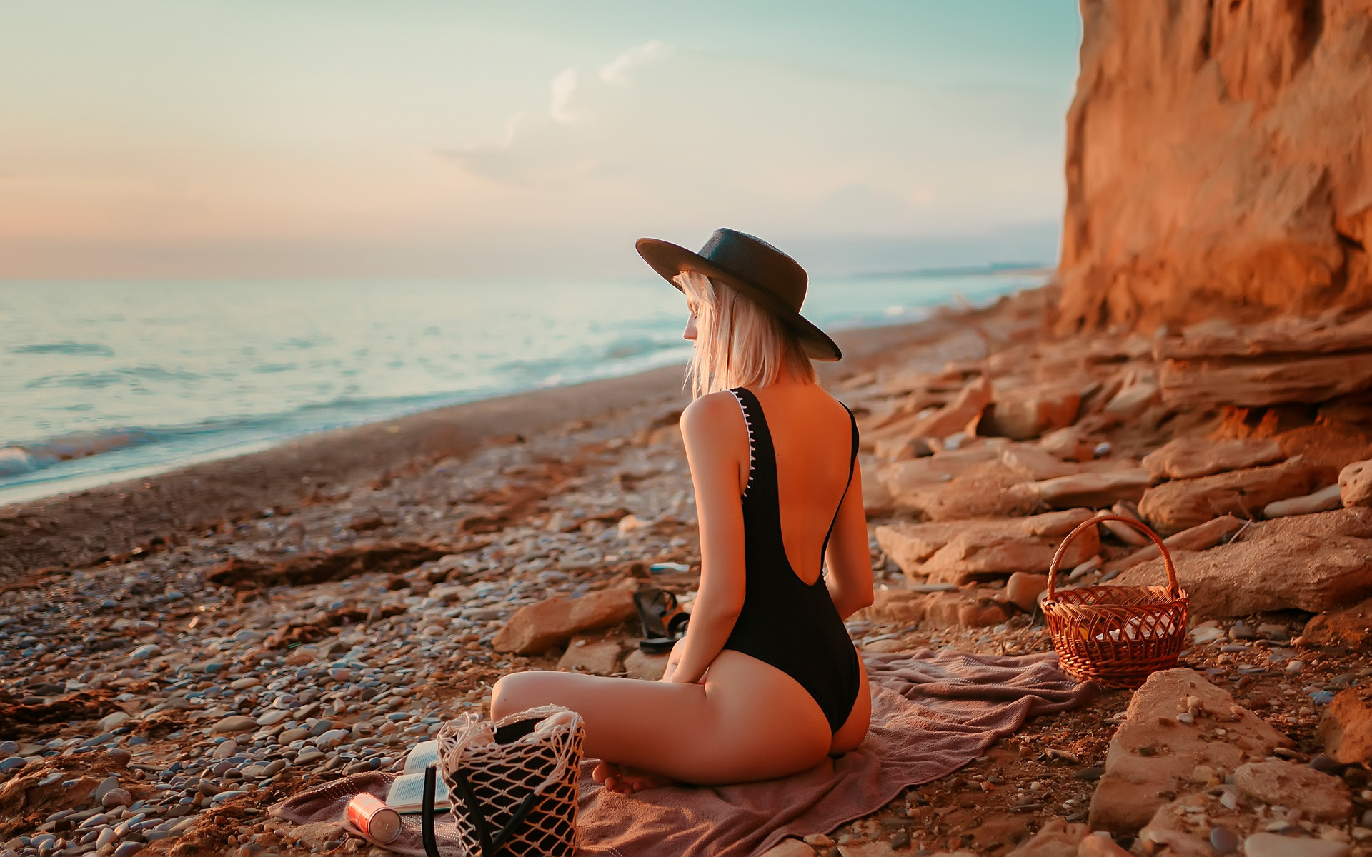 women, blonde, brunette, one-piece swimsuit, ass, sunset, sea, beach, women outdoors, black swimsuit, coca-cola, hat, books, sitting