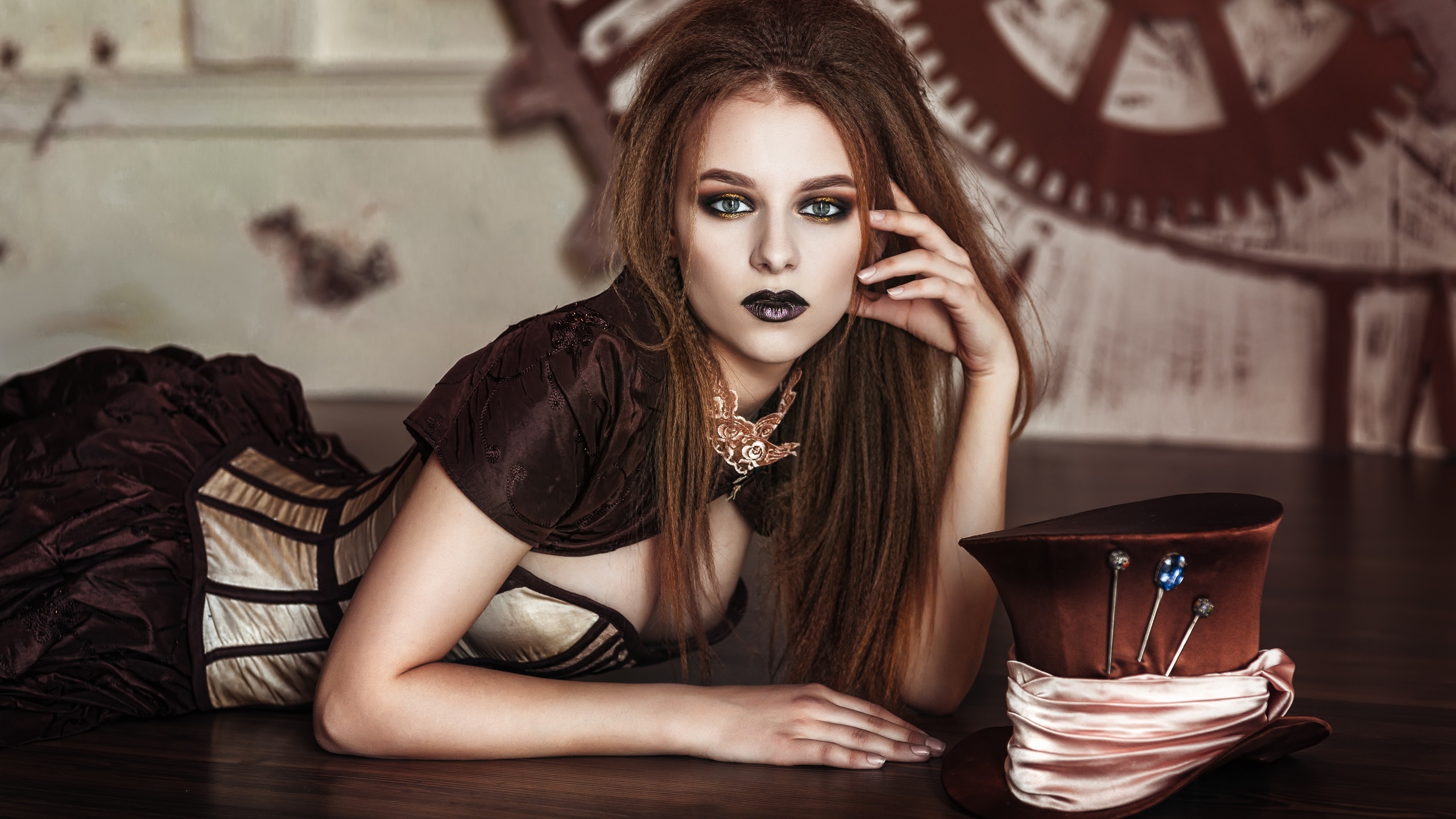 , , , , , , , , , girl, corset, pose, brunette, look, gothic, hair, face, makeup