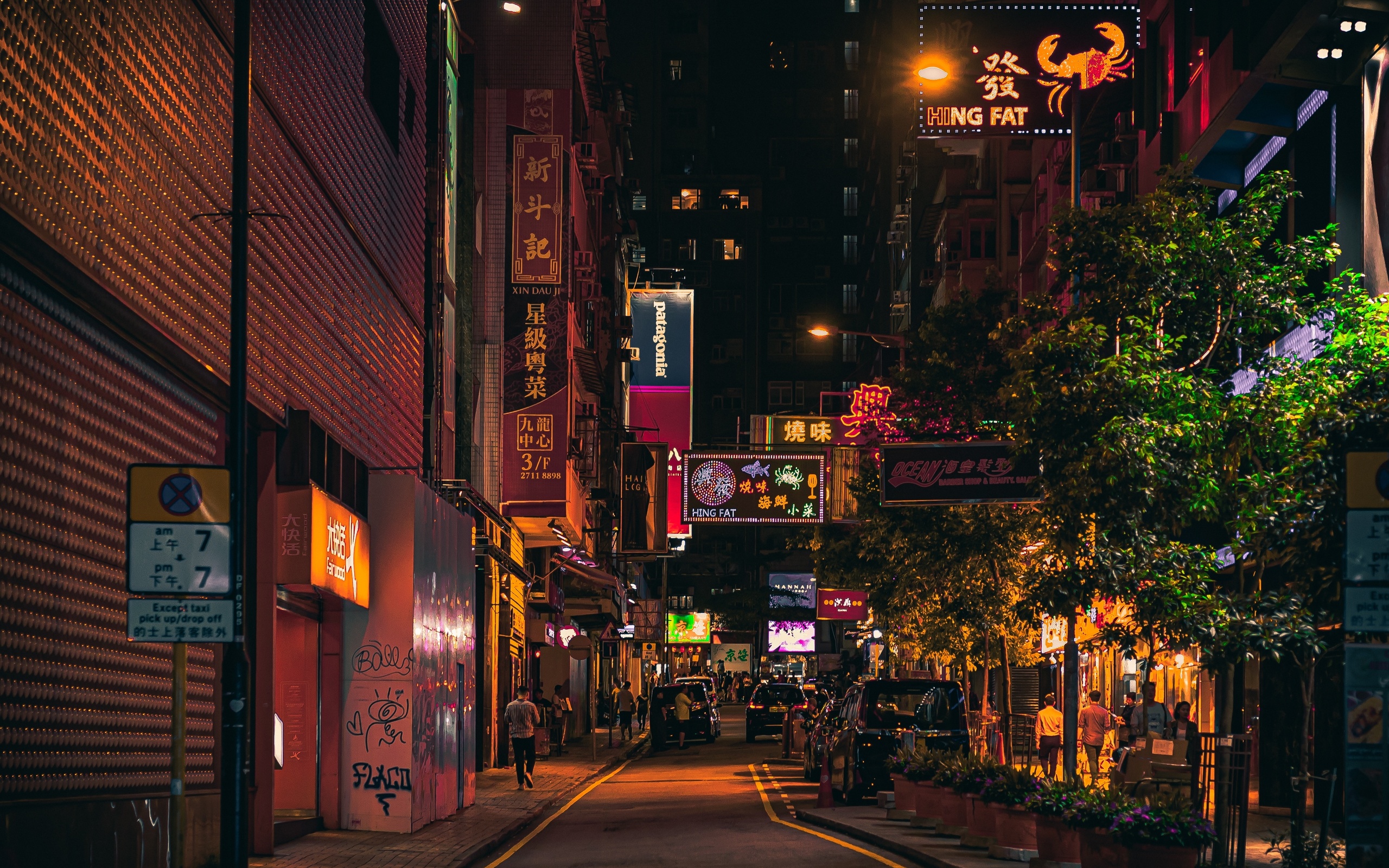 hong kong, urban, night, signs, buildings, street